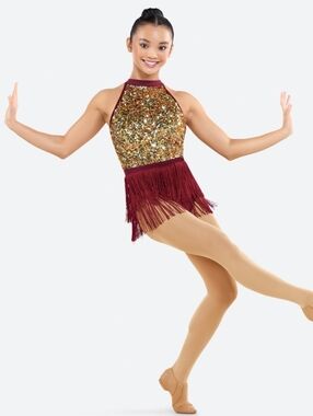 Revolution Dancewear Girls XL Burgundy & Gold Sequin Fringe Dance Leotard
